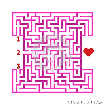 Color square maze. Game for kids. Puzzle for children. Find the right path to the heart. Labyrinth conundrum. Flat vector Vector Illustration