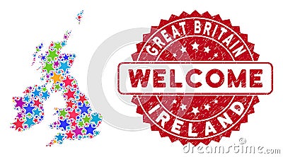 Color Star Great Britain and Ireland Map Mosaic and Grunge Welcome Stamp Vector Illustration
