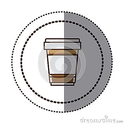 color sticker in circular frame with disposable glass of cappuccino close up Cartoon Illustration