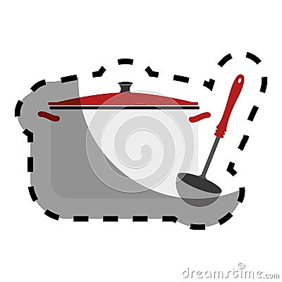 Color sticker with pans and soup ladle Vector Illustration