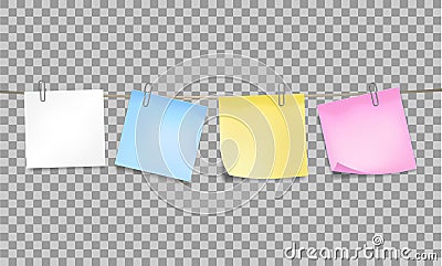 Color sticky notes attached metal paper clips on tape on transparent background. Template for design. Vector illustration Vector Illustration