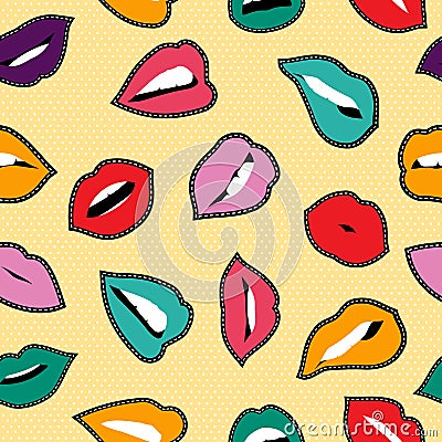 Color stitch patch seamless pattern with woman lip Vector Illustration