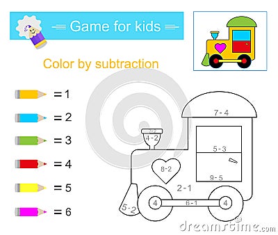 Math activity for kids. Developing numeracy skills. Color by subtraction. Number range up to 10. Vector illustration Cartoon Illustration