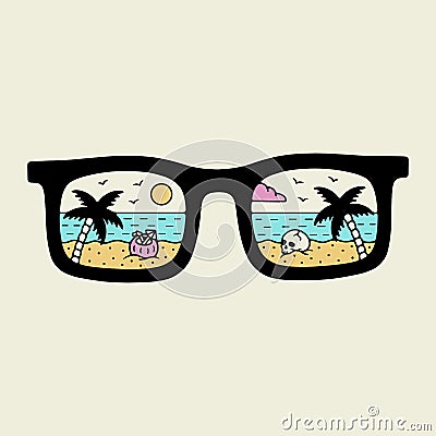 Color sunglasses and palm trees with coconut and skull Vector Illustration