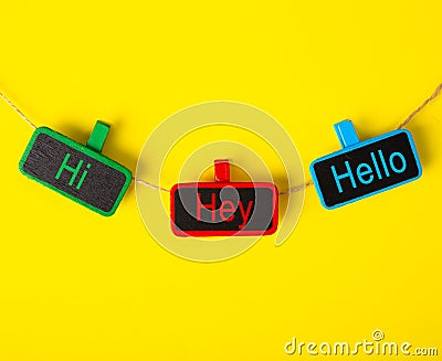 Color tag with the word HI, HEY and HELLO Stock Photo