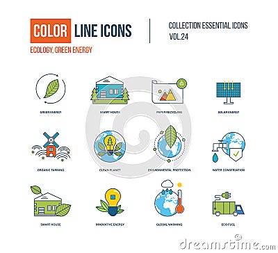 Color thin Line icons set. Ecology, green energy, smart house, Vector Illustration