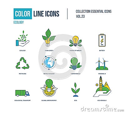 Color thin Line icons set. Ecology, green energy. Vector Illustration