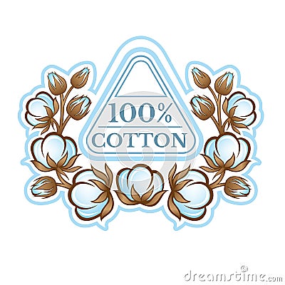 Color triangular label between pattern from cotton plants. Logo for textile, fabric, cloth or business Vector Illustration