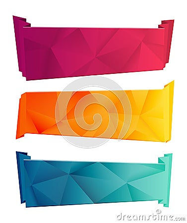 Color triangular ribbon and banner set. Ribbons from paper. Red, yelow, blue polygon Collection on white background Vector Illustration