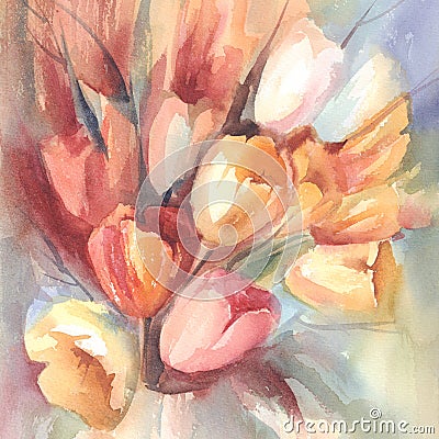 Color tulips bouquet watercolor Stock Photo