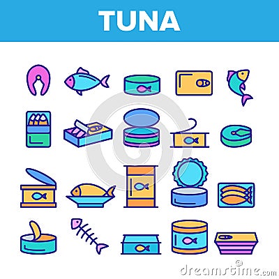 Color Tuna, Fish Products Vector Linear Icons Set Vector Illustration