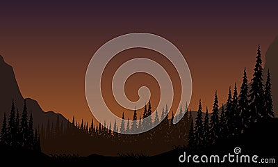 The color of the twilight sky is very beautiful with fantastic views of the mountains and silhouettes of pine trees from Vector Illustration