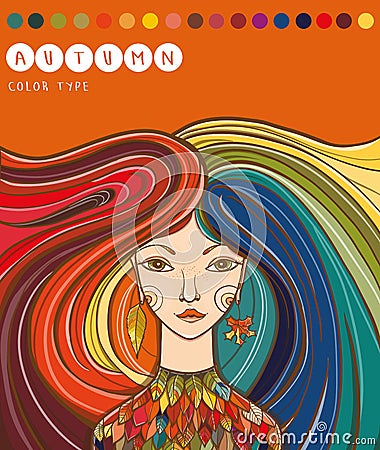 Color type of girl - autumn. Autumn girl. Colors for autumn type Vector Illustration