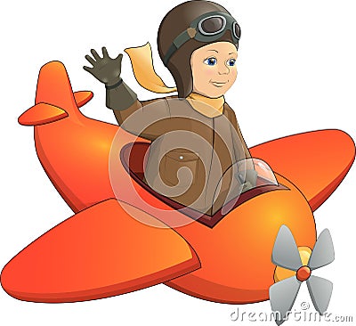 Joyful smiling boy flying a toy plane Vector Illustration
