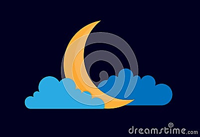 Color vector drawing of a quarter moon in the clouds in the night sky Vector Illustration