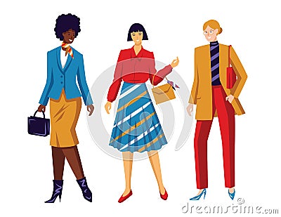 Color vector flat style illustration. Women`s team. Conceptual poster about female power and equal rights. Working girls of diffe Vector Illustration