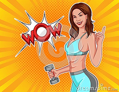 Color vector illustration in comic pop art style. Athletic girl with dumbbells in their hands. Vector Illustration