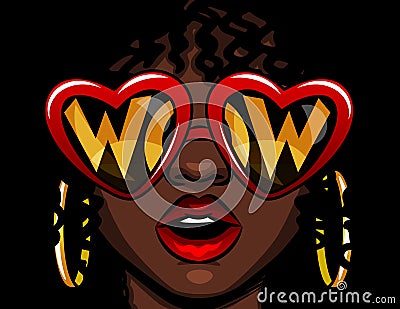 Color vector illustration in comic style. Female face in glasses with the inscription wow. Afro american woman in shock. The girl Cartoon Illustration