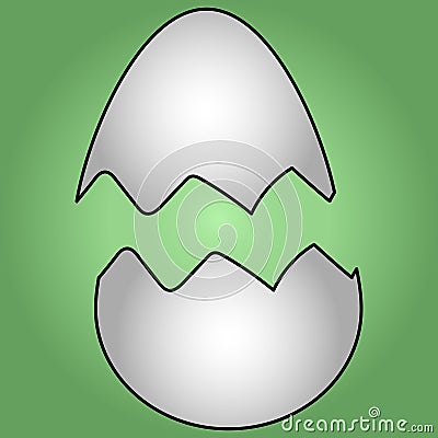 Color vector illustration-cracked eggshell, two parts. The chicken hatched. Isolated green background. Cartoon style. Vector Illustration