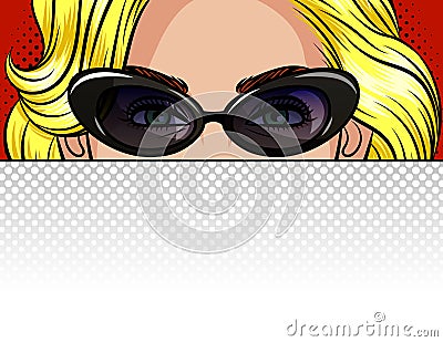 Color vector illustration of the girl behind a white sheet of paper. Poster in the style of pop art beautiful blonde in vintage gl Cartoon Illustration