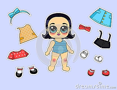 Color vector illustration of a girl with a set of different outfits. Cartoon Illustration