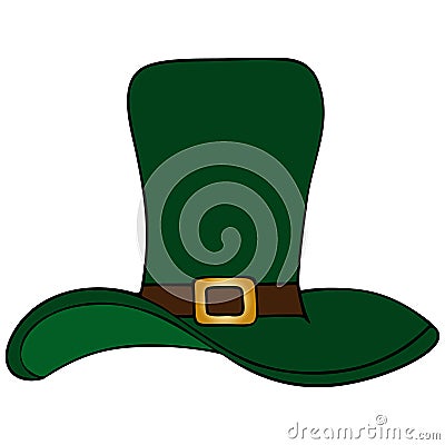 Cylinder hat. Leprechaun headdress. Colored vector illustration. Isolated background. Stylish hat in green. Buckle decoration. Vector Illustration