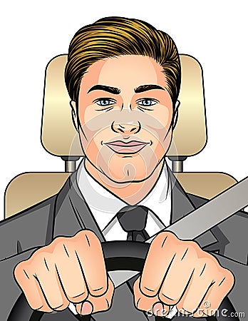 Color vector illustration man driving a car. Businessman traveling to work in the car. A happy man inside the car is wearing a sea Cartoon Illustration