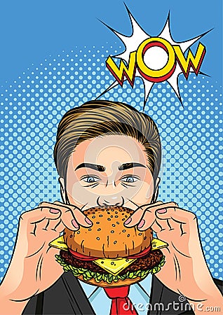 Color vector illustration of a pop art man eating a burger. Vector Illustration