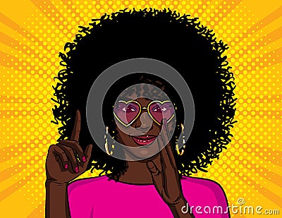 Color vector illustration in pop art style. African American girl shows thumb up. A girl with pink glasses wants to tell a secret. Vector Illustration