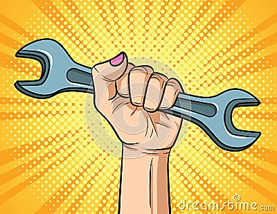 Color vector illustration in pop art style. Female hand with spanner on yellow halftone background. Horizontal poster for the Inte Cartoon Illustration