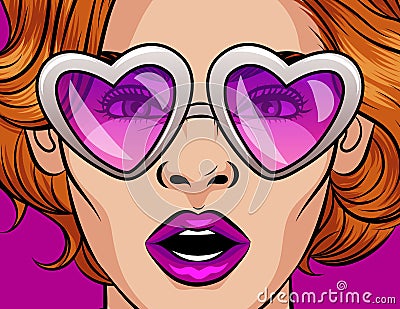 Color vector illustration in pop art style. Girl in pink glasses in the shape of a heart. The girl opened her mouth in surprise Cartoon Illustration