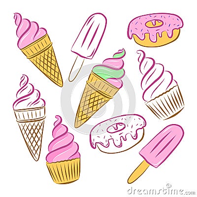 Color vector illustration. Set of cupcake, ice cream in a horn, popsicle and donut. Elements are drawn by hand Cartoon Illustration