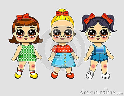 Color vector illustration three girls in different clothes. Cartoon Illustration