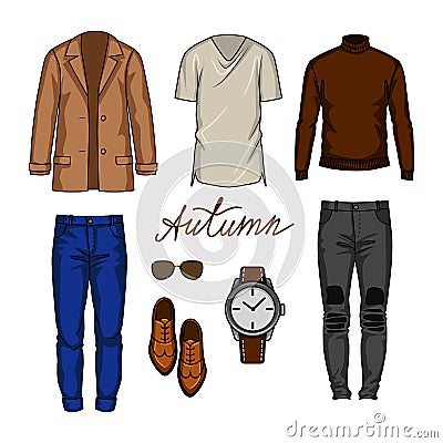 Color vector illustration of an urban outfits for a male wardrobe. Vector Illustration