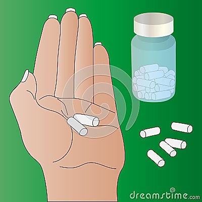 Color vector illustration of a women holding a pill prescribed by your doctor. Light skin. A bottle of pills in the background. Vector Illustration