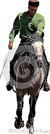 Cossacks with sabers perform tricks on racehorses Vector Illustration