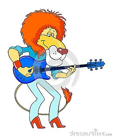 Color vector image of a lion, isolated on white. Cartoon lion plays the electric guitar. A stylish lion performs rock on an Vector Illustration