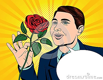 Color vector pop art comic style illustration of a man holding a rose in his hand. Card for Valentine`s Day. A fall in love man w Cartoon Illustration