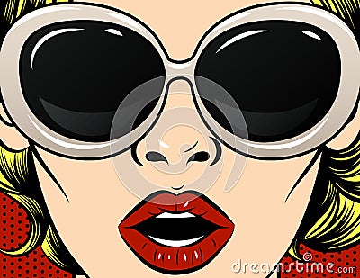 Color vector pop art comic style illustration of a woman`s face close up. The girl in dark glasses in a white frame. Girl with re Cartoon Illustration