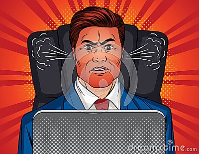 Color vector pop art style illustration of an angry man sitting in an office chair at a table. Boss is sitting in front of a lapto Vector Illustration