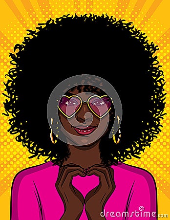 Color vector pop art style illustration of a beautiful african american girl showing with her hands a heart shape. A young woman w Cartoon Illustration