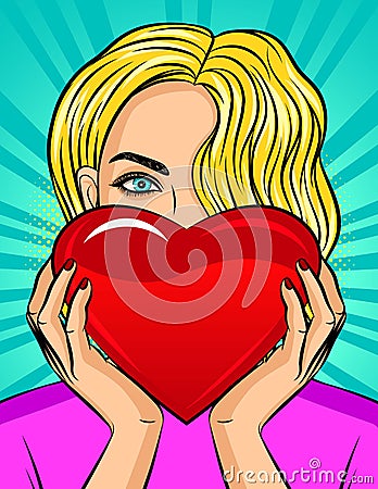 Color vector pop art style illustration of a girl holding a heart in her hands. Beautiful blonde with blue eyes holds a red heart. Cartoon Illustration