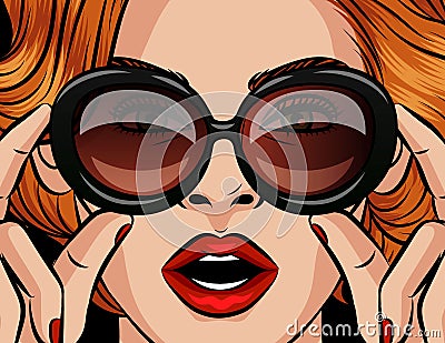 Color vector poster in pop art style. Girl with red hair in sunglasses. Lady holds glasses in the style of 60-80s. The girl with h Stock Photo