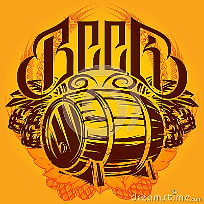 Color vector template on the alcohol theme with a barrel, hops, spikelets Vector Illustration