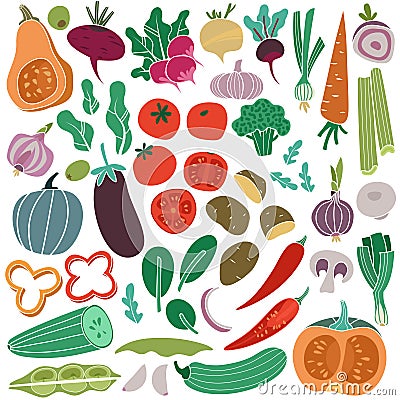 Color vegetables hand drawn. Carrot onion cucumber tomato potato eggplant. Vegan healthy meal food vegetable isolated Vector Illustration