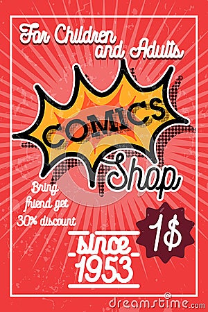 Color vintage comics shop banner Vector Illustration