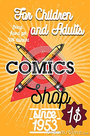 Color vintage comics shop banner Vector Illustration