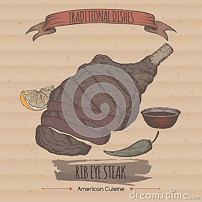 Color vintage grilled rib eye steak template placed on cardboard background. Vector Illustration