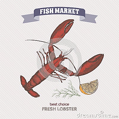 Color vintage lobster sketch. Vector Illustration