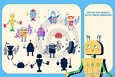 Color visual puzzle page for preschool kids. Find the correct shadow game. Matching. Robots for children Vector Illustration